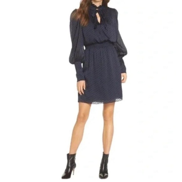 Julia Jordan Dress Navy And Black Polka Dot Chiffon Long Sleeve Size 8 - Picture 5 of 6